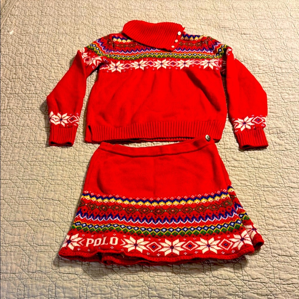 Red Polo Sweater and Skirt Set